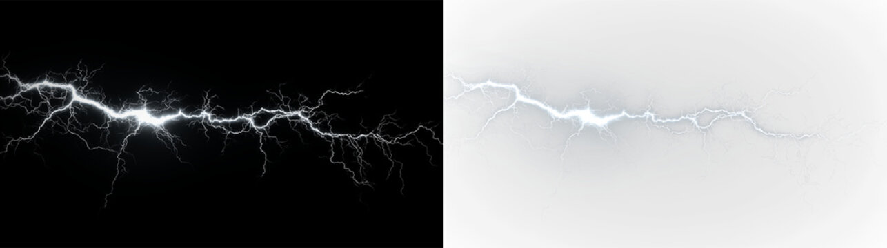 White electric lightning bolt in isolated on transparent and black background showing bright energy and dynamic movement with abstract patterns, light overlay, PNG