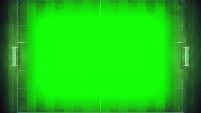 Soccer field top down view serves as a template with a vibrant green screen center area that offers extensive copy space for inserting match statistics or promotional text for sports programs.