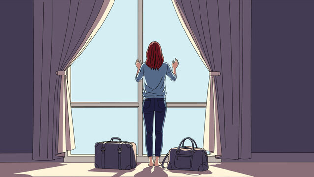 Woman viewed from behind stands in front of a window with curtains open and suitcases on the floor ready for her next journey.