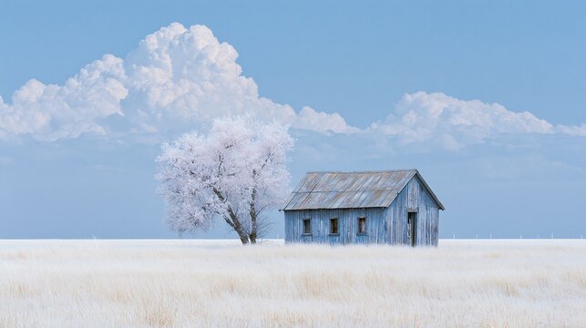 Old weathered light blue wooden cabin next to blooming pale white tree standing in golden grass field under big fluffy clouds on light blue sky in peaceful countryside landscape