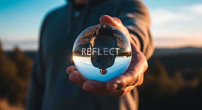 Man holding crystal ball with reflection and inspirational word reflect