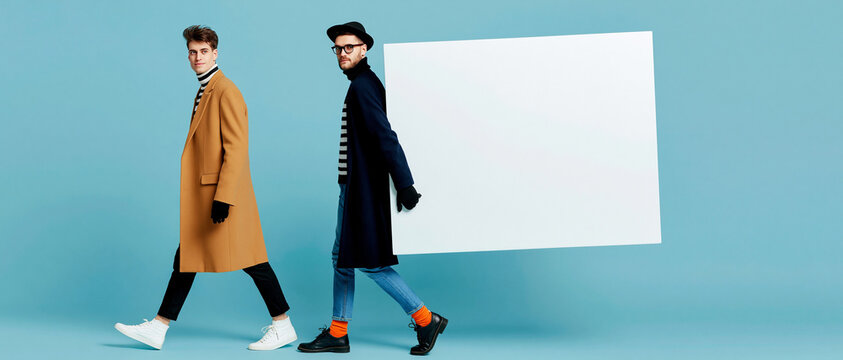 Two stylish men in winter coats walking with a blank white sign
