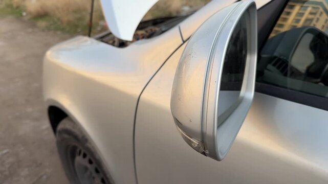 Electric exterior mirror pivots to adjust the rear viewing angle on a silver car, powered control, driver visibility, automotive safety, parking aid.