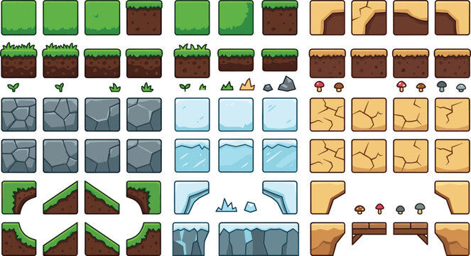 2D Platform Game Tileset Collection with Grass, Dirt, Stone, Ice, Desert Terrain Blocks, Cliffs, Platforms, and Environment Assets