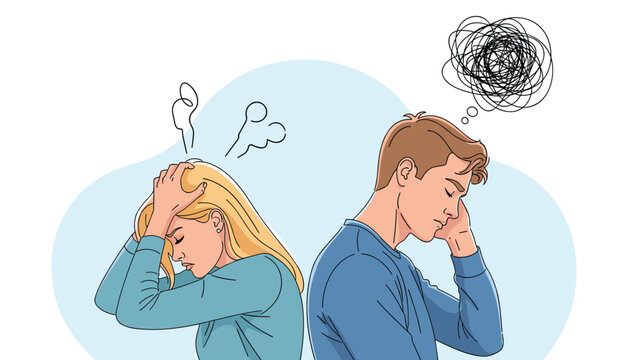 Sad couple standing back to back while feeling stressed and having a conflict or relationship problems in their life.