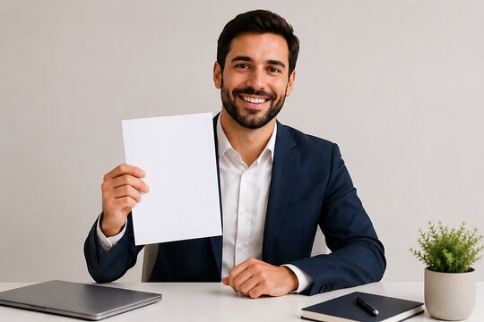 Smiling businessman in suit holding blank paper at desk with laptop and notebook