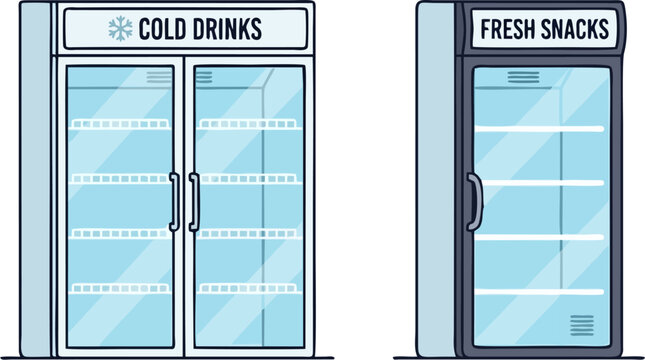 Commercial refrigerator and display cooler vector illustration, flat cartoon double and single glass door fridge for cold drinks and fresh snacks