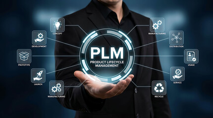 Fototapeta premium Businessman holding product lifecycle management PLM circular diagram virtual icon