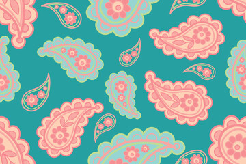 Fototapeta premium Cute paisley seamless pattern vector background with pastel pink and mint flowers on turquoise backdrop.