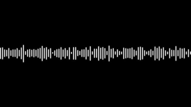 Digital audio waveform visualization, pulsing sound frequency spectrum on black background