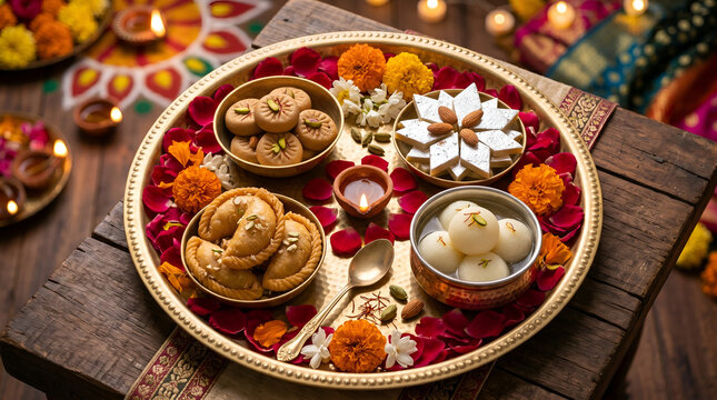 Traditional Indian sweets platter featuring kaju katli, peda, gujiya, and rasgulla served on a brass thali for Diwali celebration.