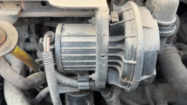 Dusty gasoline engine runs with visible vibration in an older vehicle, close-up of mechanical equipment, automotive repair, engine service, maintenance inspection.