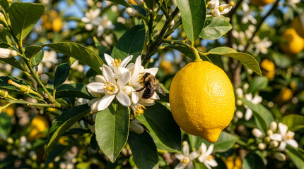 Fototapeta premium Honey bee pollinating white lemon blossom on tree branch next to ripe yellow citrus fruit, organic farming concept