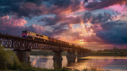 Fototapeta premium Railway bridge stretching across a river beneath a dramatic sunset sky creates a scenic transportation landscape with vibrant evening colors.