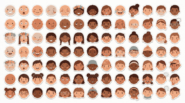 Diverse collection of cute cartoon human faces