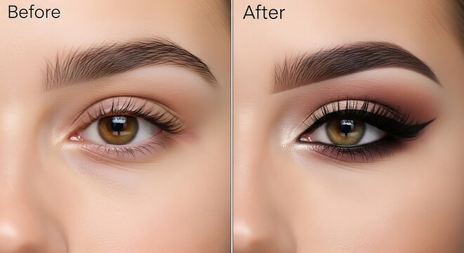 A before-and-after comparison of a woman's eye with natural and made-up eyelashes