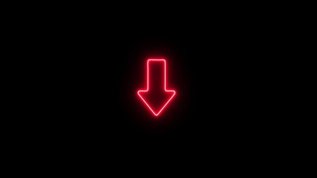 Glowing red neon arrow sign pulsing on black background, minimalist directional indicator for digital interface, ui for navigation and call to action