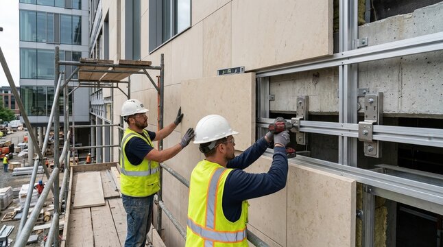 Medium shot of workers installing stone cladding panels on a building exterior focusing on anchor placements and secure frame attachments for a durable facade. Medium shot