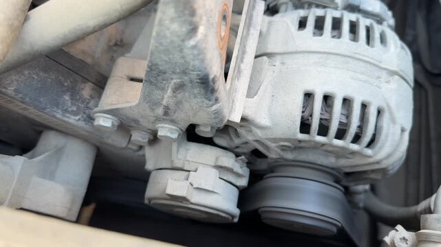Rotating timing belt and alternator pulley move inside a running gasoline engine, older vehicle repair, automotive service, mechanical maintenance.