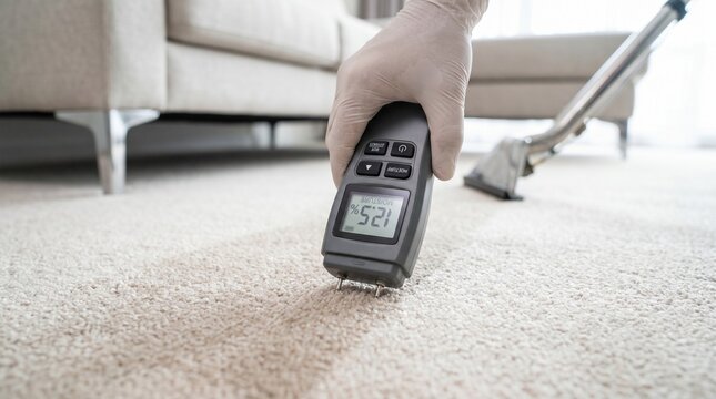 Carpet moisture check after cleaning, Professional drying quality control, Freshly cleaned floor care, Home service inspection detail