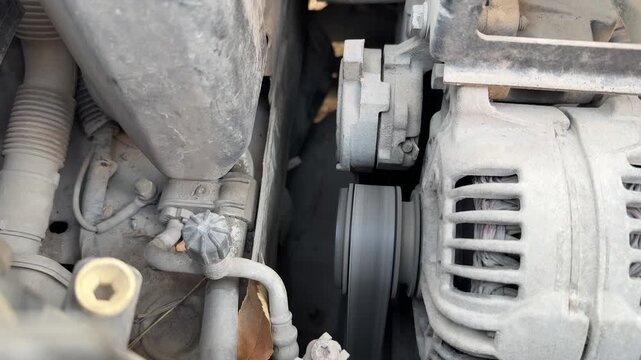 Timing belt spins around the pulley beside the alternator in a running older car engine, automotive maintenance, mechanical repair, engine inspection.