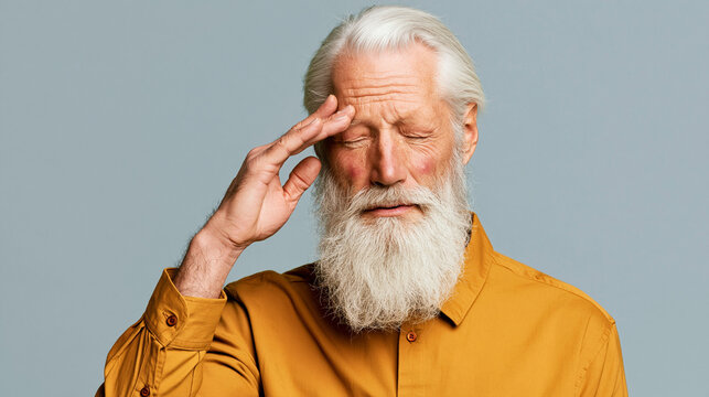 A thoughtful elderly man with a long white beard and closed eyes touches his forehead, possibly in contemplation or experiencing a headache