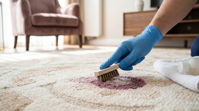 Wine stain removal from neutral rug, Professional brush spot treatment, Carpet cleaning close up, Upscale home floor care detail