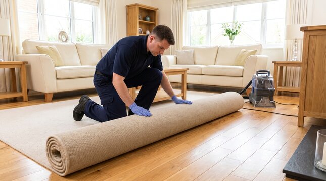 Area rug lifted for carpet cleaning, Professional full service floor care, Neat living room maintenance, Residential cleaning detail