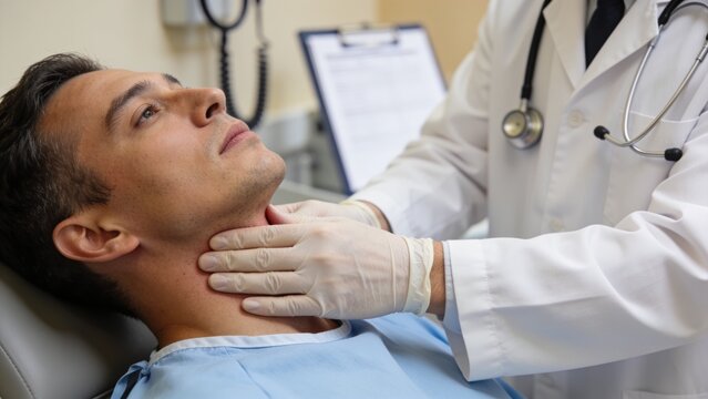 Medical doctor checking the neck and thyroid area of a patient in a modern hospital.