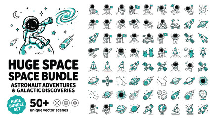 Set of 50+ Line Art Astronaut and Space Exploration Vector Icons © Azra