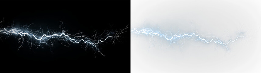 Blue and white lightning bolt with electric charge shown against a clear background during a stormy atmosphere, light overlay, PNG © Liubov