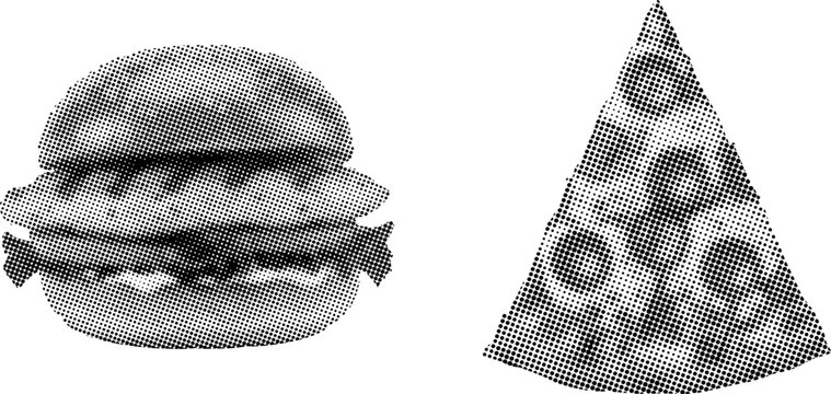 Halftone illustration of hamburger and pizza on white background