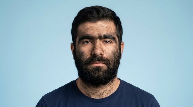 Studio portrait of an adult man with hypertrichosis exhibiting excessive facial hair against a light blue background