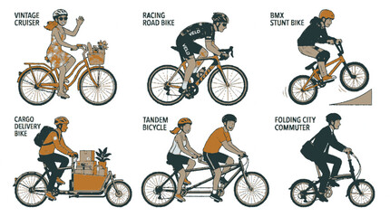 Naklejka premium Comprehensive set of various bicycle types and cyclists in flat vector style