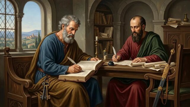 Saints Peter Paul diligently composing sacred scripture, recording ancient manuscript, spiritual teaching, Christian epistle, historical composition, theological study, faithful apostle.