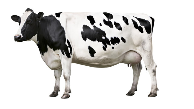 Holstein Friesian cow standing, black and white spotted dairy animal