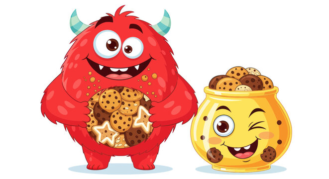 Cute red monster with cookies in its belly and a jar of biscuits
