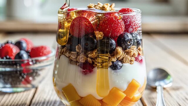 Healthy breakfast parfait with yogurt fruit and granola drizzled with honey