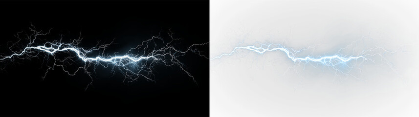 Blue and white electric lightning bolt isolated on transparent and black background showing a bright, striking energy form during a stormy weather event, light overlay, PNG © Liubov