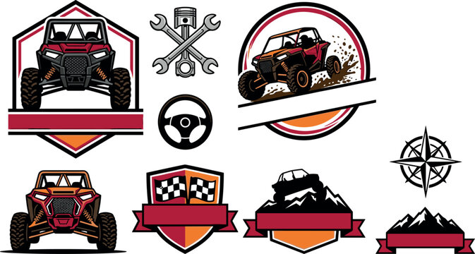 Off-Road UTV and Buggy Emblem Vector Set Featuring Racing Shields Mountains Crossed Wrenches Racing Flags and Blank Banners Graphic Illustration