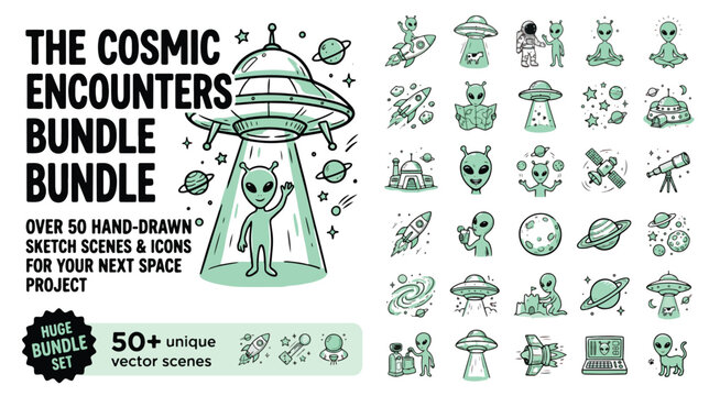 Set of 50 Hand-Drawn Alien and Space Vector Icons