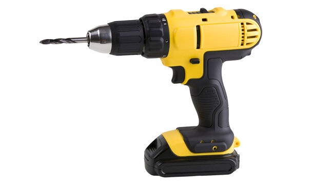 Yellow and black cordless power drill with drill bit