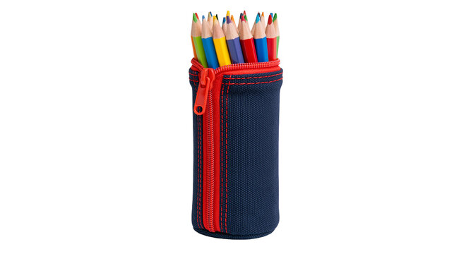 Colored pencils in navy blue pencil case with red zipper