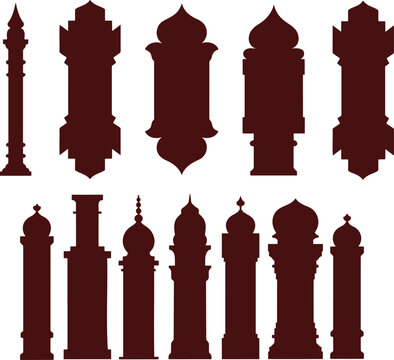 Decorative set of brown colored traditional Islamic pillars and architectural elements in silhouette form