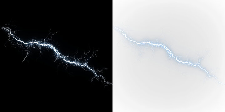 Blue and white lightning bolt isolated on transparent and black background showing electric energy in a dynamic form during a storm event, light overlay, PNG
