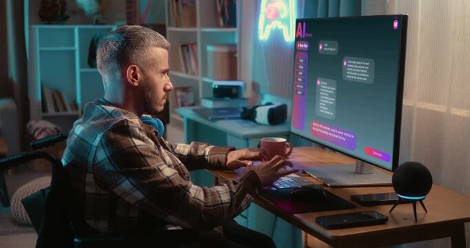 Focused man in wheelchair chats with an AI assistant on a computer in his home office. Using artificial intelligence to get answers, support and improve productivity.