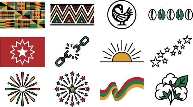 African heritage symbol collection featuring cultural patterns unity freedom and traditional identity elements vector illustration set