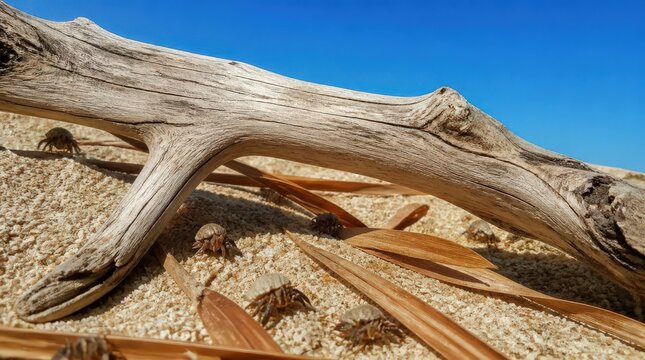 Sundrenched Beach Scene Hermit Crabs Scuttle Near Weathered Driftwood Under a Clear Blue Sky