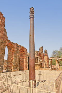 The iron pillar of Delhi that stands in the Qutb complex at Mehrauli in Delhi, India