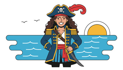 Confident female pirate captain stands heroically with her sword in front of a tropical ocean landscape at sunset. © Shuvo